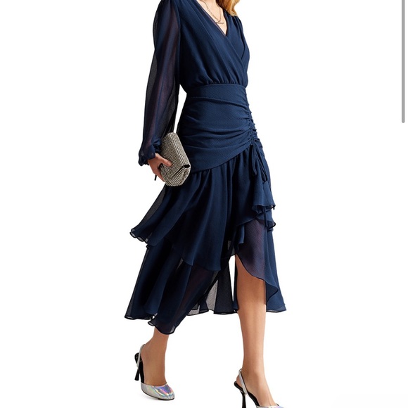 Ted Baker Dresses & Skirts - NWT Ted Baker Women’s Kiali Long Sleeves Navy Blue Chiffon Ruched Midi Dress